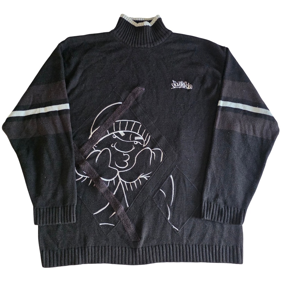Vintage Southpole Baggy Mock Neck Knit Sweater Mens XXL Black Character Graphic